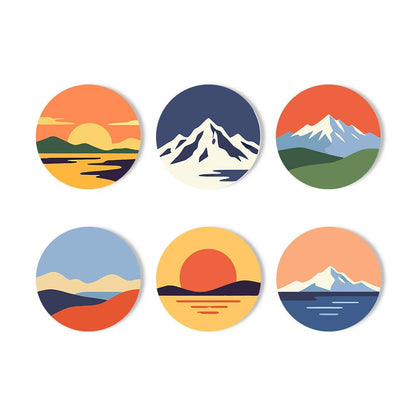 Snowcapped Sunset Horizons paint by numbers coasters – Six layered landscapes with snowy mountains, rolling hills, lakes and setting suns in warm sunset tones