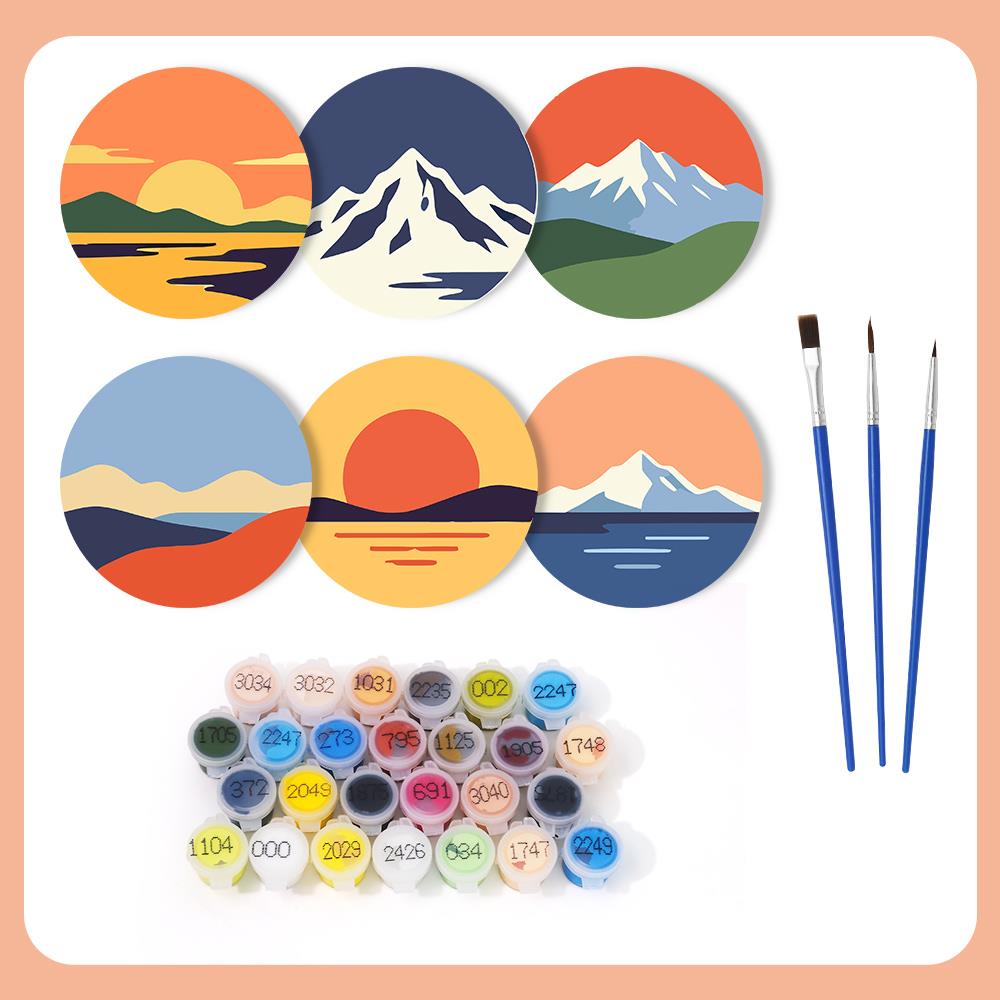 Snowcapped Sunset Horizons paint by numbers coasters – what's in the kit: the 6 coasters, numbered paints and brushes