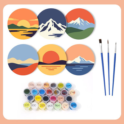 Snowcapped Sunset Horizons paint by numbers coasters – what's in the kit: the 6 coasters, numbered paints and brushes
