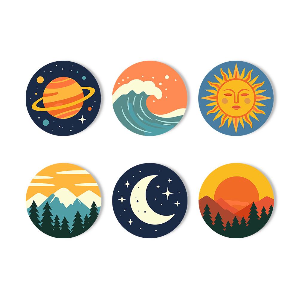Saturn, Waves and Pine Peaks paint by numbers coasters – Ringed planet, curling ocean wave, smiling sun, pine-forest mountains, crescent moon and a forest sunset
