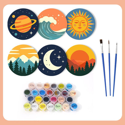 Saturn, Waves and Pine Peaks paint by numbers coasters – what's in the kit: the 6 coasters, numbered paints and brushes