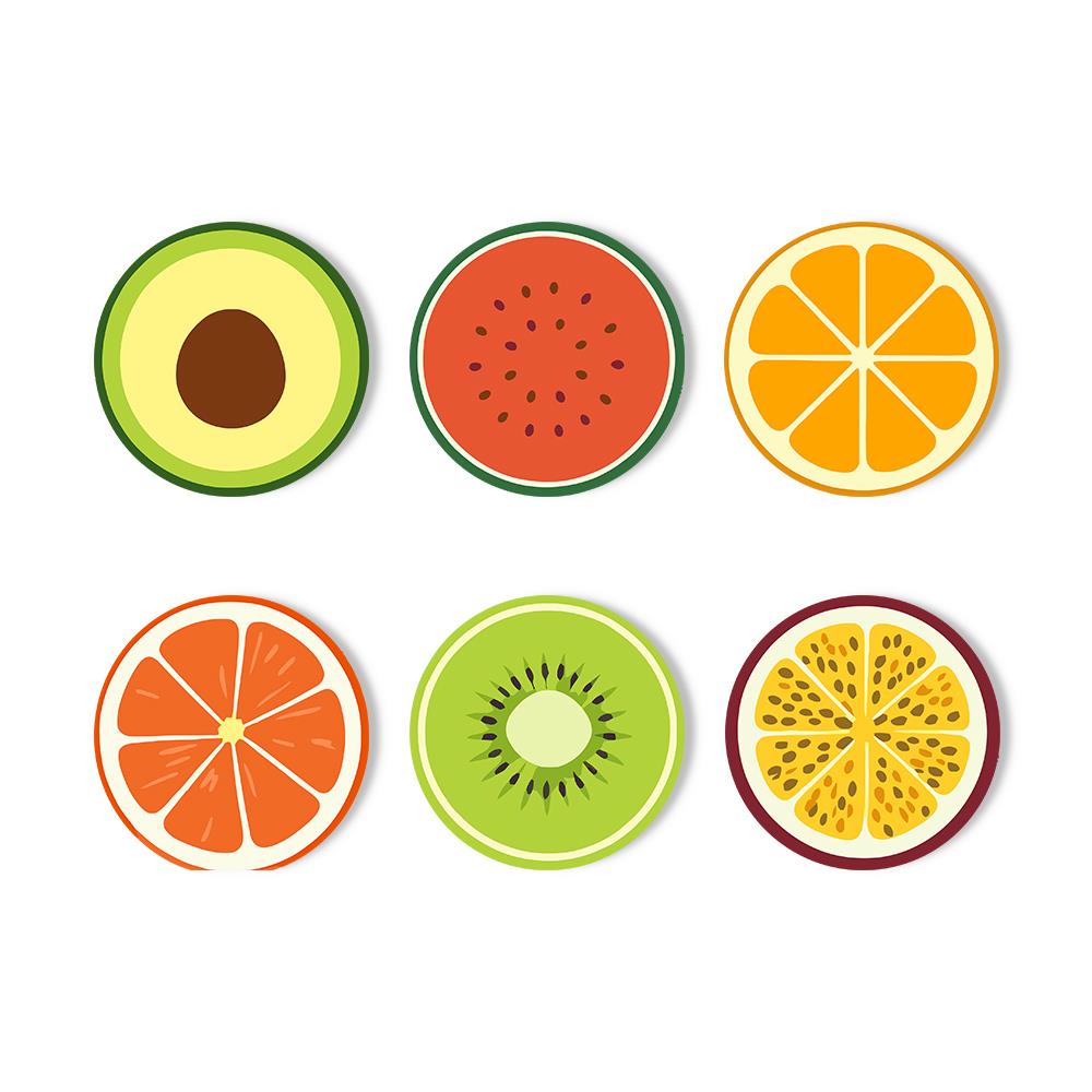 Avocado and Citrus Slices paint by numbers coasters – Halved avocado, watermelon, orange, grapefruit, kiwi and passion fruit cross-sections