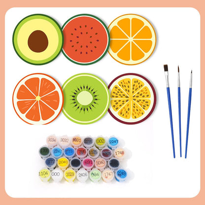 Avocado and Citrus Slices paint by numbers coasters – what's in the kit: the 6 coasters, numbered paints and brushes
