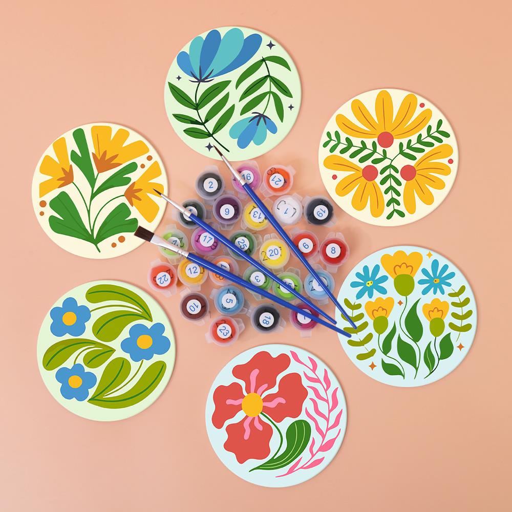 Folk Art Meadow Flowers paint by numbers coasters – image 3