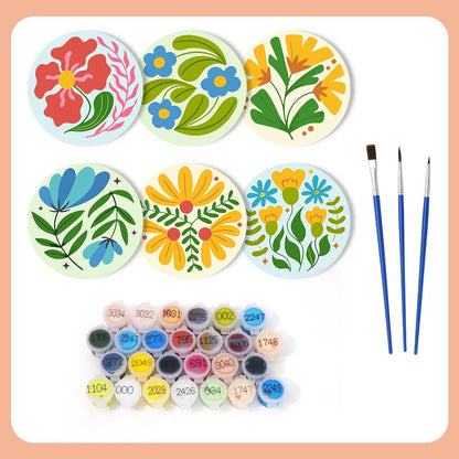 Folk Art Meadow Flowers paint by numbers coasters – what's in the kit: the 6 coasters, numbered paints and brushes