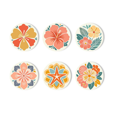 Coral Hibiscus Blossoms paint by numbers coasters – Hibiscus and tropical blossoms with teal leaves and a starfish motif in coral, orange and gold on cream