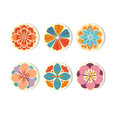 Retro Flower Medallions paint by numbers coasters – Six symmetrical flower medallions in orange, teal, pink and lilac on cream