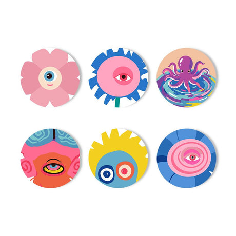 Trippy Eyes and Octopus paint by numbers coasters – Surreal designs with eyes: an eye flower, an eye in a blue burst, a purple octopus, a red face and swirling circles