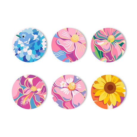 Pink Petal Close-Ups paint by numbers coasters – Close-up blooms: blue hydrangea, pink lilies and blossoms, a magenta flower and a golden sunflower