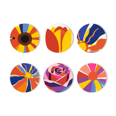 Bold Pop Art Petals paint by numbers coasters – Bold geometric flowers and sunbursts: a dark-eyed bloom, tulip, rose and radiating rays in red, yellow, blue and pink