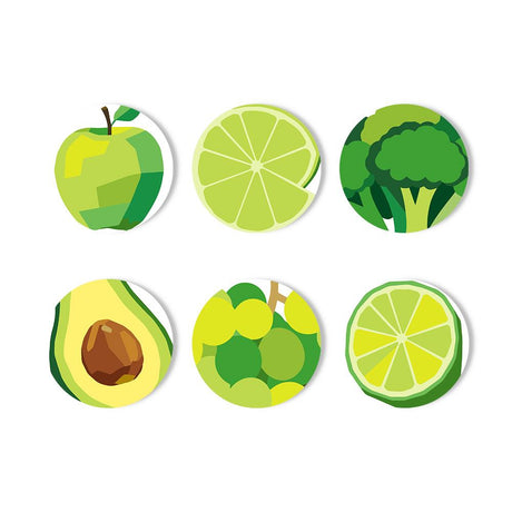 Lime Green Harvest paint by numbers coasters – Green apple, lime slices, broccoli, halved avocado and green grapes in fresh shades of green