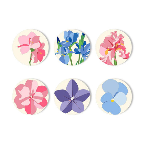 Iris and Pansy Garden paint by numbers coasters – Pink orchid, blue irises, pink gladiolus, pink blossom, purple star flower and pale blue pansy on cream
