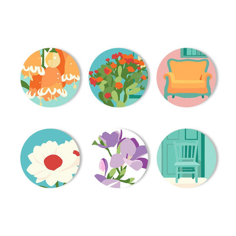 Cozy Chairs and Fresh Blooms paint by numbers coasters – Orange armchair, teal chair by a door, a red flower bush, white bloom, lilac freesia and an orange floral motif