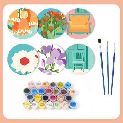 Cozy Chairs and Fresh Blooms paint by numbers coasters – what's in the kit: the 6 coasters, numbered paints and brushes