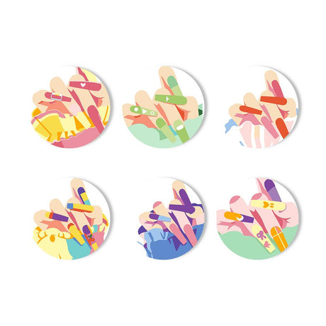 Pastel Manicure Hands paint by numbers coasters – Six close-ups of hands with long painted nails and rings in pink, green, yellow and purple pastels