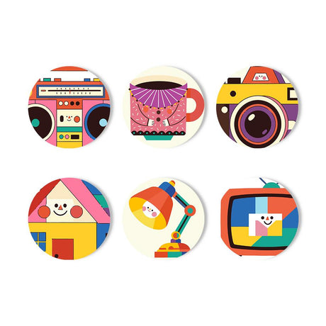 Smiling Retro Gadgets paint by numbers coasters – Cartoon boombox, mug, camera, house, desk lamp and TV in bright colours, several with smiling faces