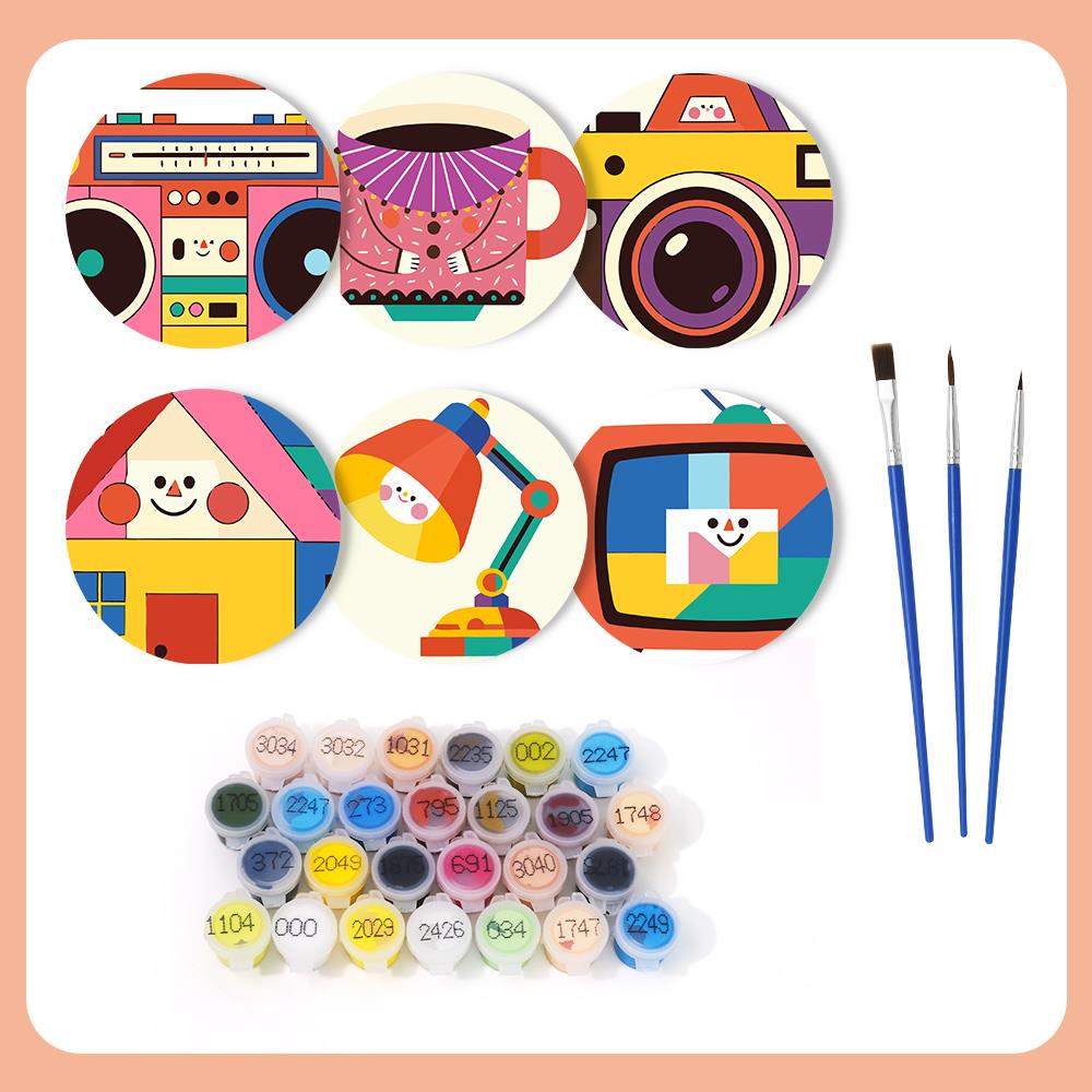 Smiling Retro Gadgets paint by numbers coasters – what's in the kit: the 6 coasters, numbered paints and brushes