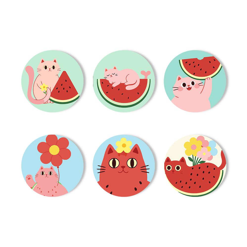Watermelon Kitty Summer paint by numbers coasters – Cartoon pink and red cats lounging on and around watermelon slices and flowers on mint, blue and cream