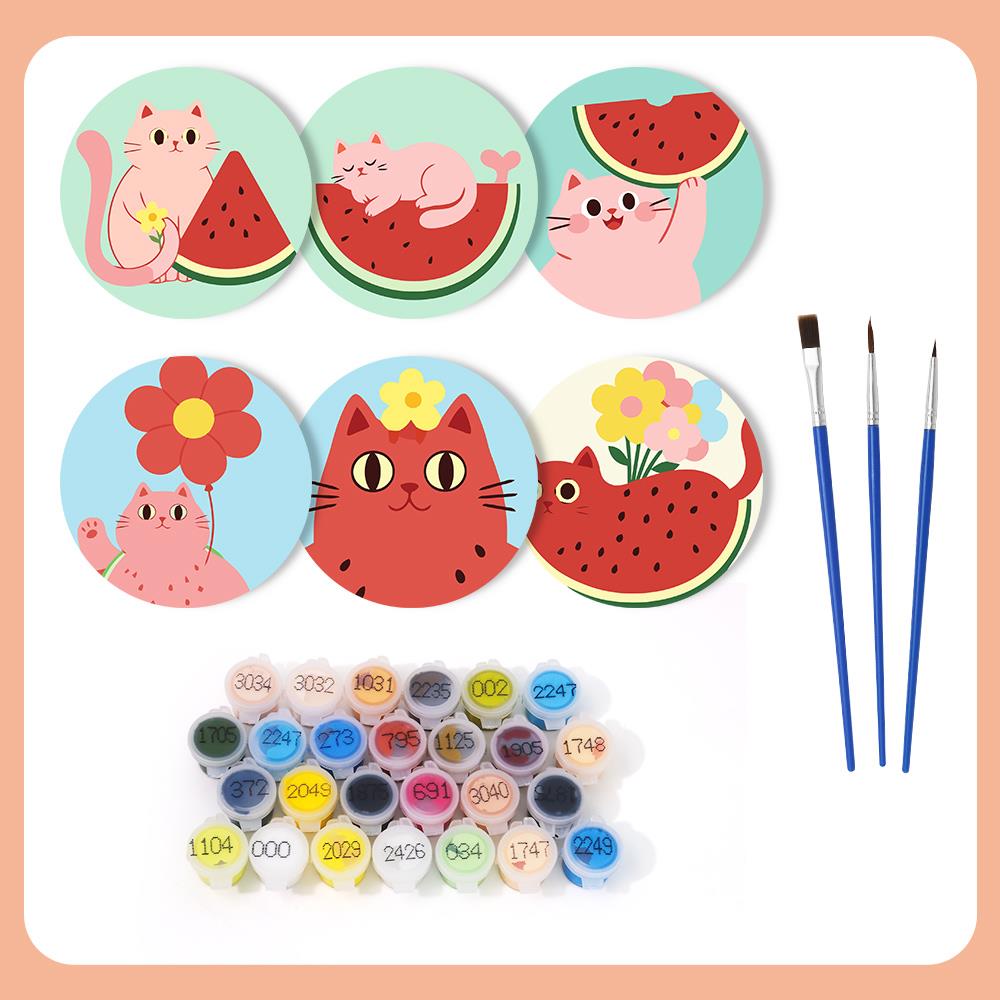 Watermelon Kitty Summer paint by numbers coasters – what's in the kit: the 6 coasters, numbered paints and brushes
