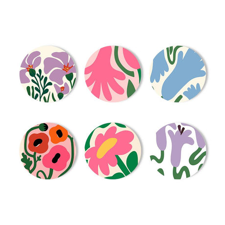 Paper Cutout Blooms paint by numbers coasters – Cut-paper style flowers and leafy shapes: purple blossoms, pink fronds, blue leaves, red poppies and lilac bells