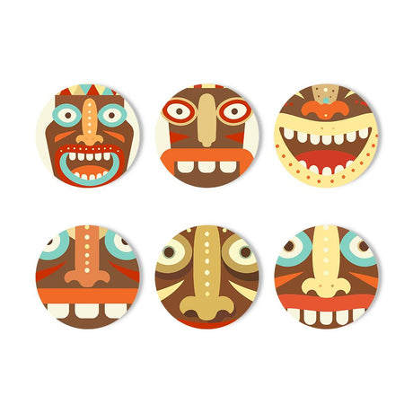 Tropical Tiki Masks paint by numbers coasters – Six carved tiki mask faces with wide eyes and toothy grins in brown, red, teal and yellow