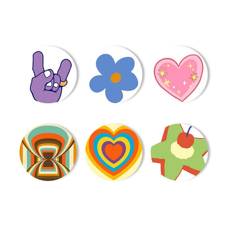 Groovy Seventies Doodles paint by numbers coasters – Retro icons: purple rock-on hand, blue daisy, sparkly pink heart, op-art stripes, rainbow heart and a cherry dessert