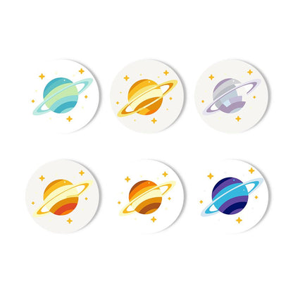 Ringed Planet Parade paint by numbers coasters – Six ringed planets in teal, gold, lavender, orange and deep blue with tiny sparkling stars