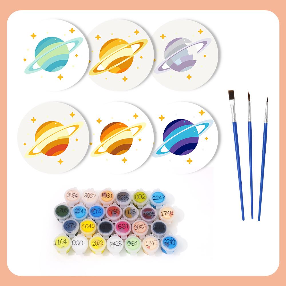 Ringed Planet Parade paint by numbers coasters – what's in the kit: the 6 coasters, numbered paints and brushes