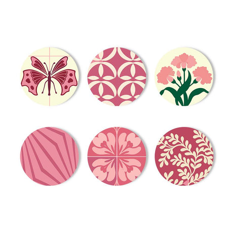 Rose Pink Butterfly Prints paint by numbers coasters – Pink butterfly, carnations and dusty-rose patterns: petal tiles, wavy stripes, a quartered bloom and leafy vines