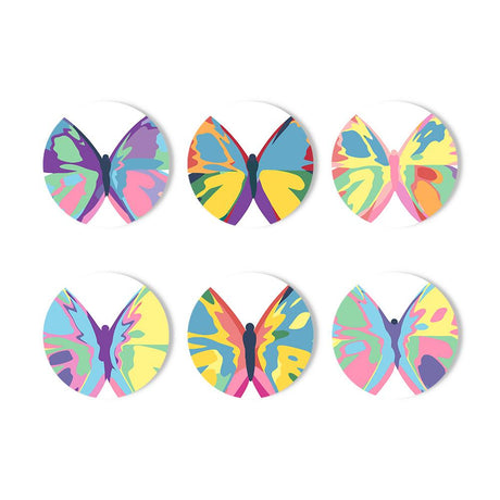 Rainbow Patchwork Butterflies paint by numbers coasters – Six butterflies with patchwork wings in purple, blue, yellow, pink and mint