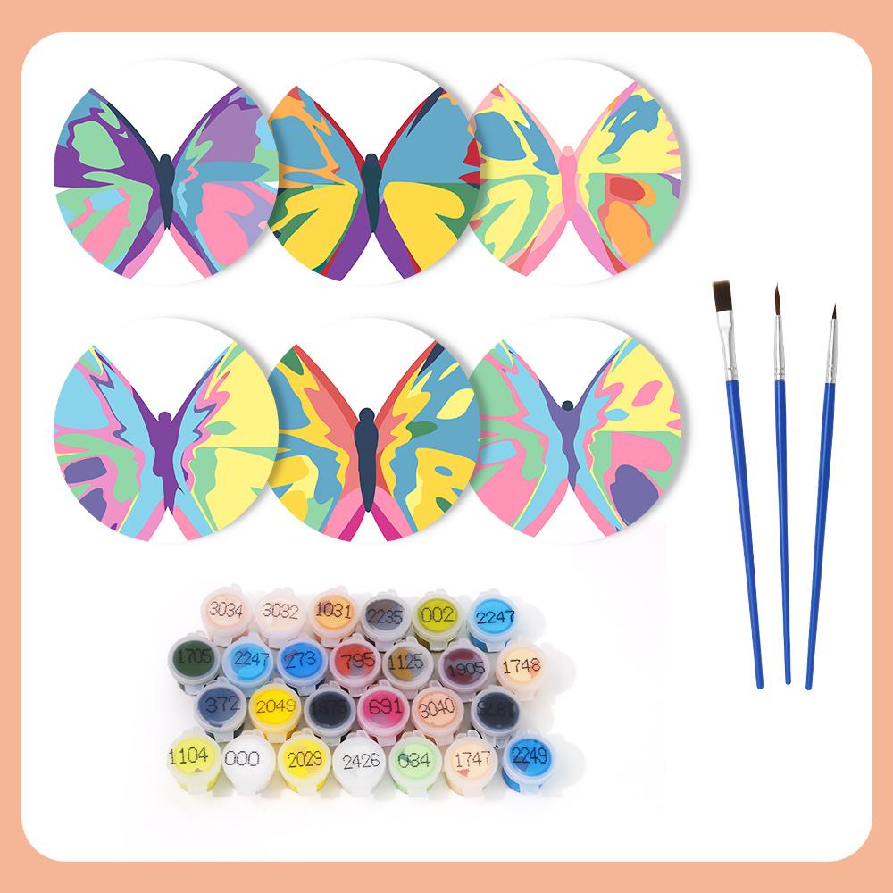 Rainbow Patchwork Butterflies paint by numbers coasters – what's in the kit: the 6 coasters, numbered paints and brushes