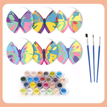 Rainbow Patchwork Butterflies paint by numbers coasters – what's in the kit: the 6 coasters, numbered paints and brushes