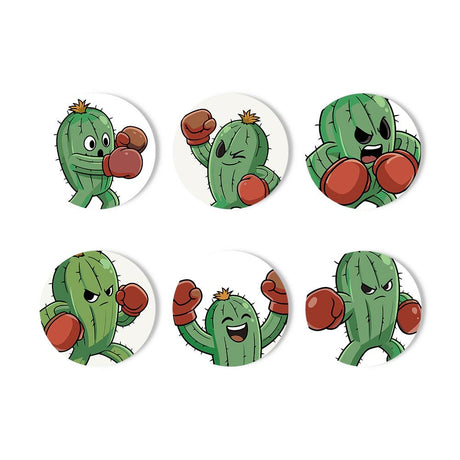 Prickly Cactus Prizefighters paint by numbers coasters – Six cartoon cacti with faces wearing red boxing gloves, punching, flexing and cheering