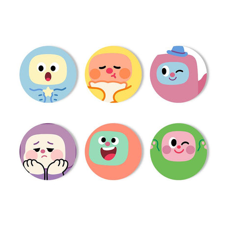 Kawaii Blob Faces paint by numbers coasters – Six cute cartoon characters with round faces, rosy cheeks and silly expressions on blue, yellow, pink and green