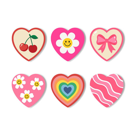 Smiley Daisies and Pink Bows paint by numbers coasters – Six cute retro designs: cherries, a smiley daisy, pink bow, smiling daisies, rainbow heart and pink wavy stripes
