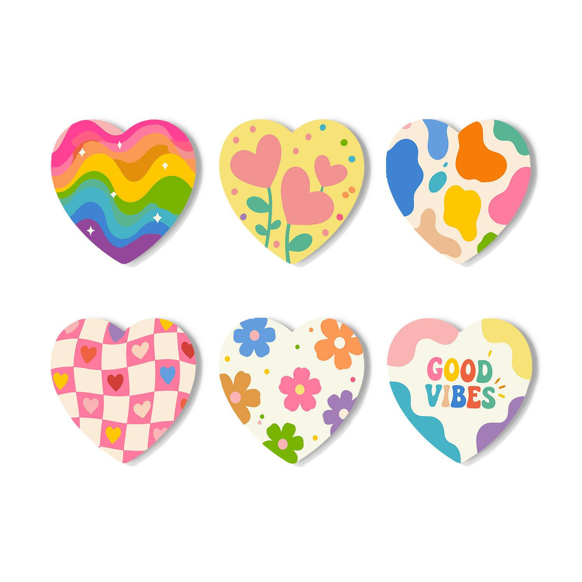 Good Vibes Retro Patterns paint by numbers coasters – Six pastel retro patterns: rainbow waves, heart tulips, color blobs, checkerboard, daisies and Good Vibes text