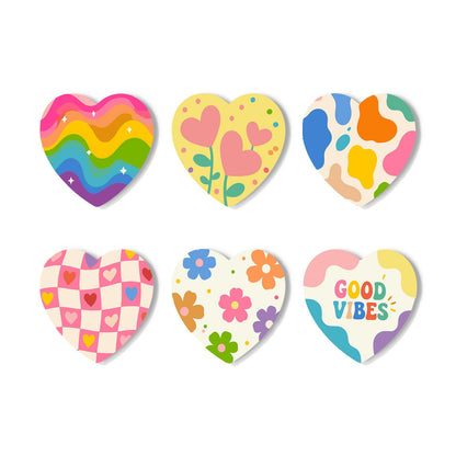 Good Vibes Retro Patterns paint by numbers coasters – Six pastel retro patterns: rainbow waves, heart tulips, color blobs, checkerboard, daisies and Good Vibes text