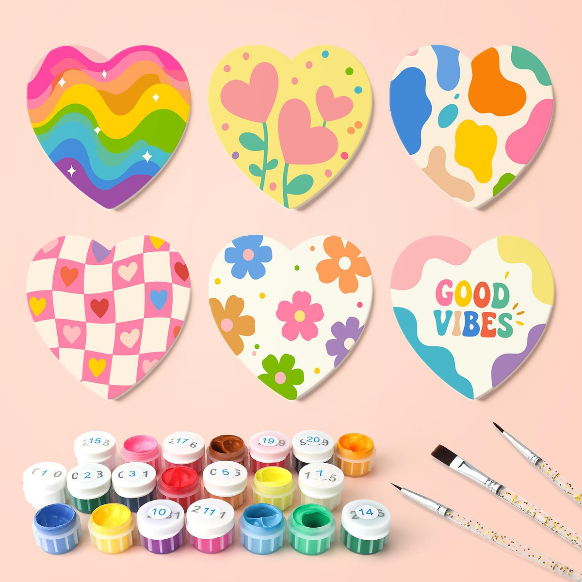 Good Vibes Retro Patterns paint by numbers coasters – what's in the kit: the 6 coasters, numbered paints and brushes