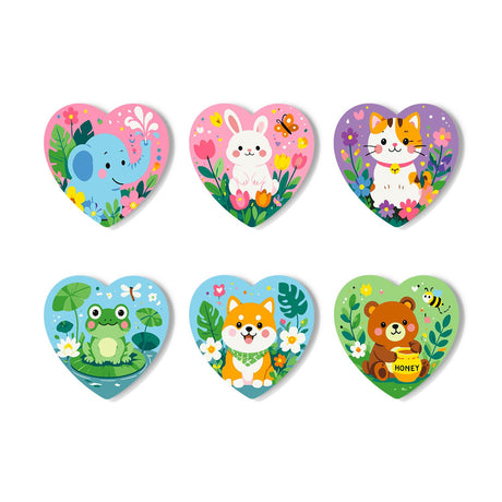 Garden Critters in Bloom paint by numbers coasters – Six cute animals among flowers: elephant, bunny, calico cat, frog on a lily pad, shiba pup and bear with honey