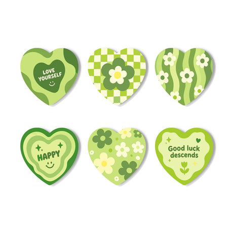 Matcha Green Daisy Affirmations paint by numbers coasters – Six green designs with daisies, checks and wavy stripes, plus Love Yourself, Happy and Good luck descends lettering