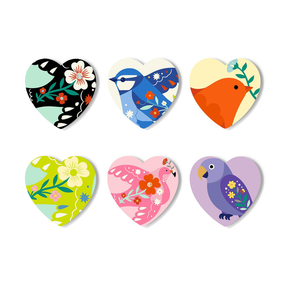Folk Art Birds and Blossoms paint by numbers coasters – Six bold floral designs, most with birds: bluebird, orange robin, pink flamingo and purple parrot among blossoms