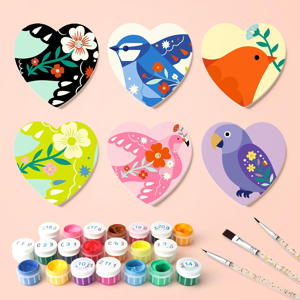 Folk Art Birds and Blossoms paint by numbers coasters – what's in the kit: the 6 coasters, numbered paints and brushes