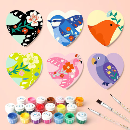 Folk Art Birds and Blossoms paint by numbers coasters – what's in the kit: the 6 coasters, numbered paints and brushes