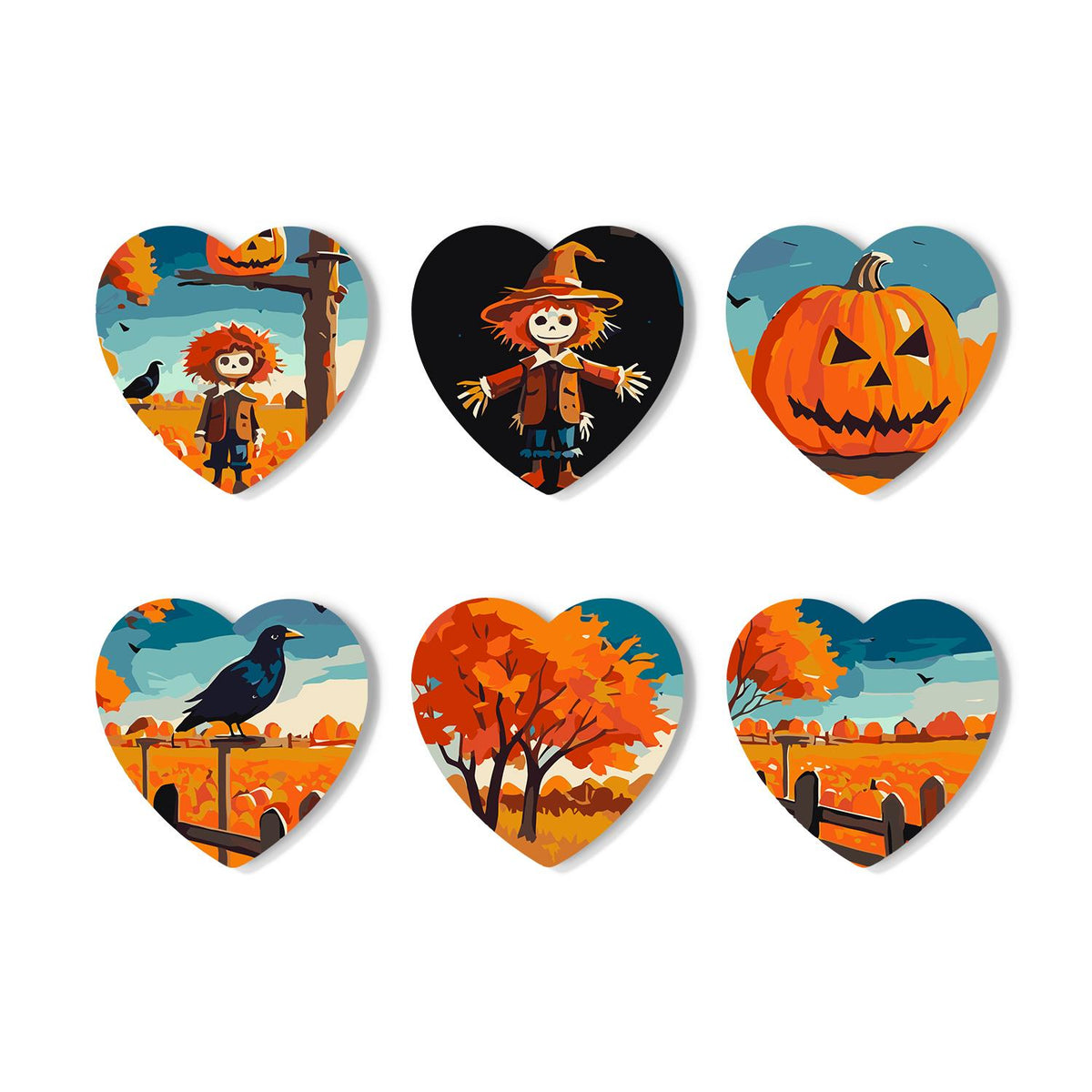 Scarecrow and Crow Harvest paint by numbers coasters – Six autumn harvest scenes: scarecrows, a jack-o'-lantern, a crow on a fence, orange trees and rustic fences