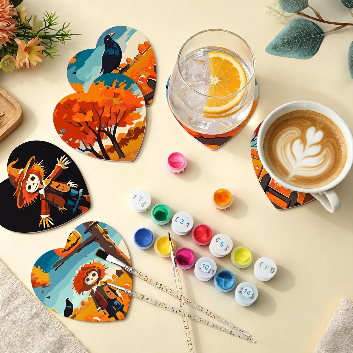 Scarecrow and Crow Harvest paint by numbers coasters – image 5
