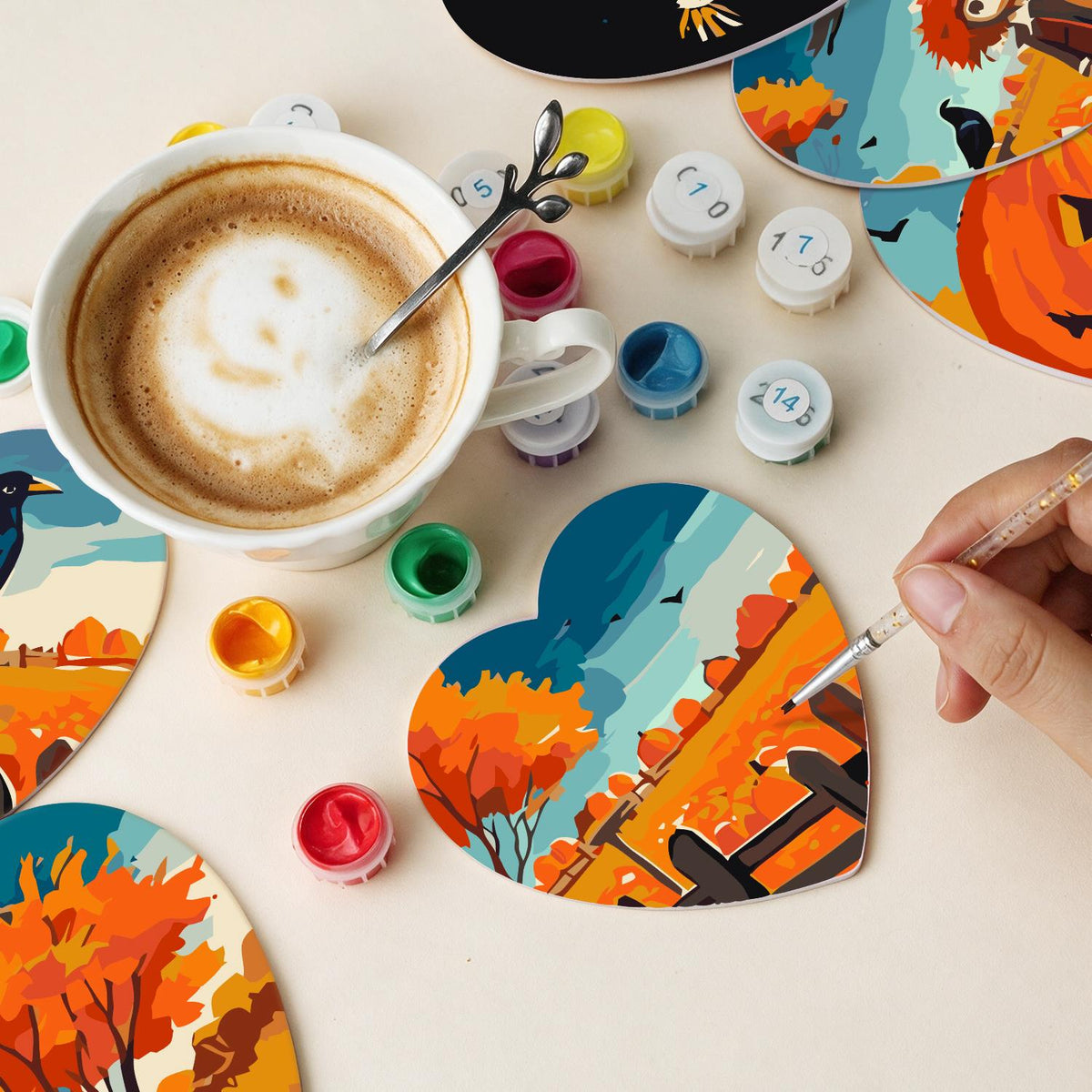 Scarecrow and Crow Harvest paint by numbers coasters – image 12