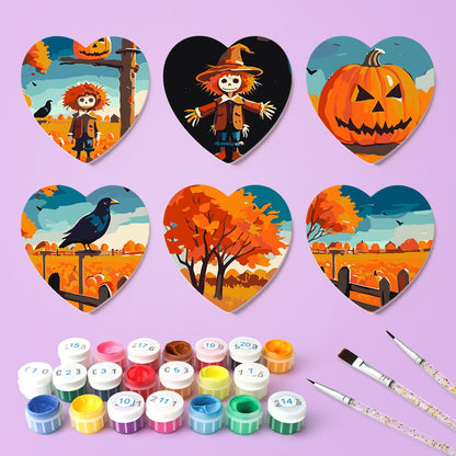 Scarecrow and Crow Harvest paint by numbers coasters – what's in the kit: the 6 coasters, numbered paints and brushes