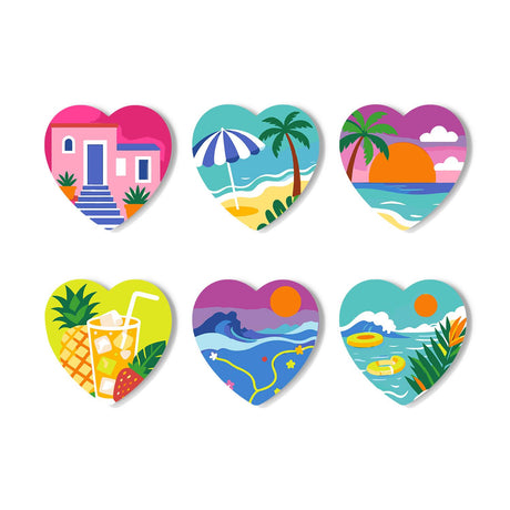 Pink Villa Beach Holiday paint by numbers coasters – Six summer beach scenes: pink villa steps, beach umbrella and palm, sea sunset, pineapple drink, waves and pool float