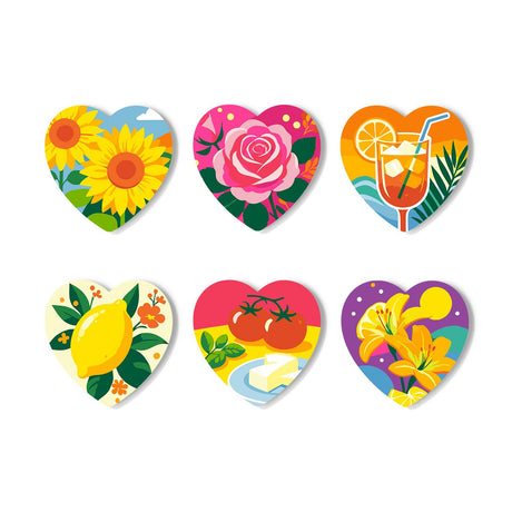 Sunflower and Iced Tea Summer paint by numbers coasters – Six bright summer designs: sunflowers, pink rose, iced citrus drink, lemon with blossoms, tomatoes and yellow lilies