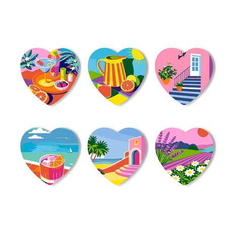 Sunny Riviera Escape paint by numbers coasters – Six Mediterranean summer scenes: citrus drinks, yellow pitcher, pink stairs, beach, seaside arch and lavender fields